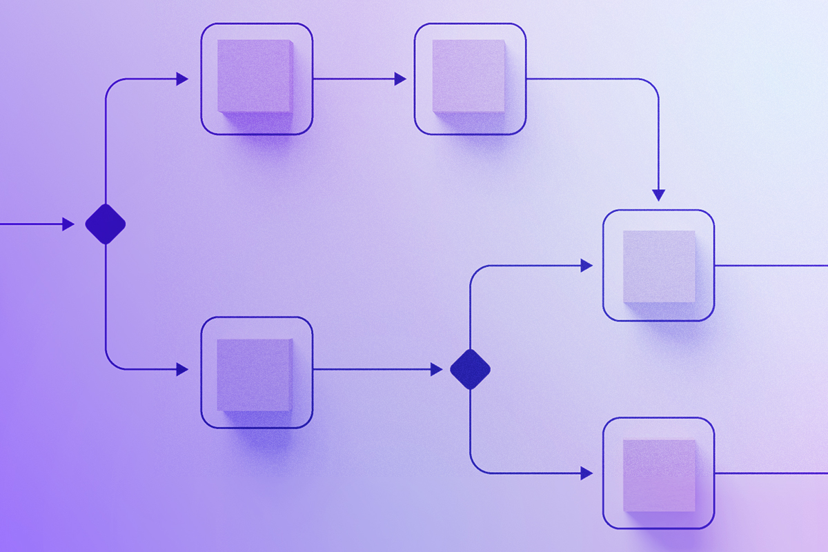 Cubes on a flowchart surface, representing decision points and pathways in complex systems.